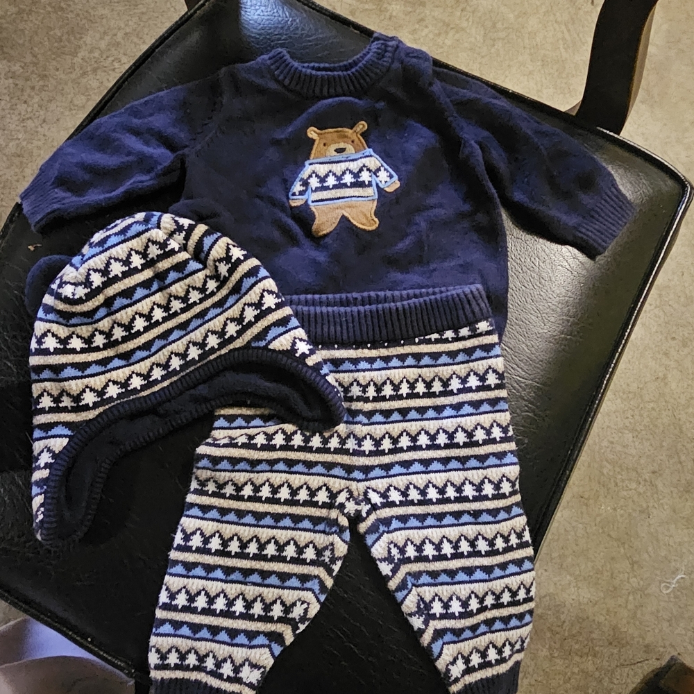 Gymboree 0-3 Mos Knit Matching Set Outfit Cubs &‎ Hugs Sweater Hat Pants Holiday